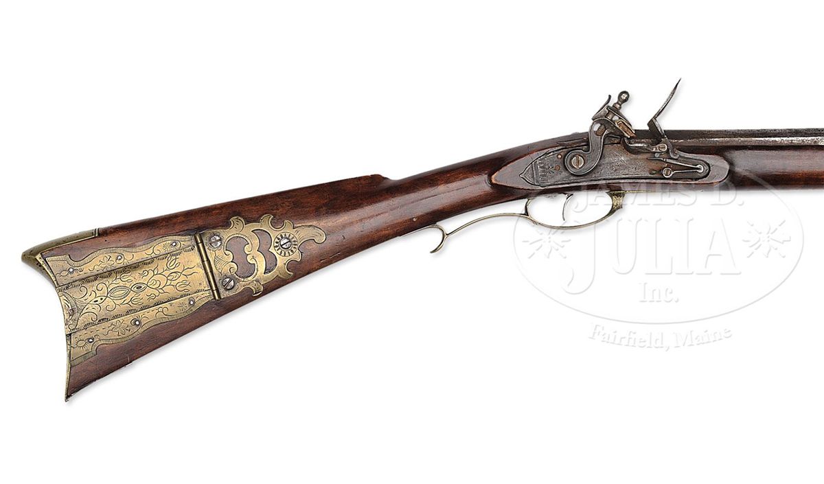 ADAM ANSTADT KUTZTOWN SCHOOL FLINTLOCK RIFLE WITH ANSTADT LION.