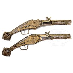 REMARKABLE PAIR OF WHEEL LOCK PISTOLS IN THE 16th CENTURY SAXON STYLE WITH GILT BRONZE LOCKS, MOUNTS