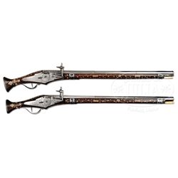 PAIR OF LONG BRESCIAN WHEEL LOCK HOLSTER PISTOLS INLAID IN THE GERMAN MANNER COMPLETE WITH THEIR LEA