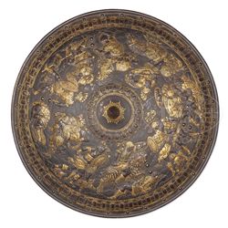 FABULOUS GILT DECORATED ITALIAN SHIELD IN THE STYLE OF THE NEGROLI WORKSHOP, MILAN.