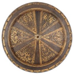 16th CENTURY ITALIAN ETCHED AND FIRE GILT PARADE SHIELD, CIRCA 1580.