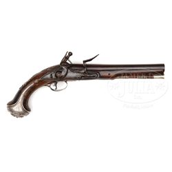 ENGLISH SILVER MOUNTED FLINTLOCK PISTOL WITH BARREL SIGNED BUMFORD (JOHN BUMFORD 1742-1775) LONDON C