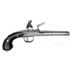 JOSEPH BUNNEY DOUBLE BARREL TURN-OFF SILVER MOUNTED PISTOL.