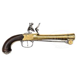 RARE EARLY JOHN WATERS BRASS CANNON BARREL BLUNDERBUSS BOARDING PISTOL WITH SPRING BAYONET.