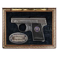 *RARE CASED ENGRAVED PRESENTATION WALTHER MODEL 9 SEMI-AUTO PISTOL.
