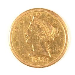 1858-D $5 GOLD LIBERTY AU 58