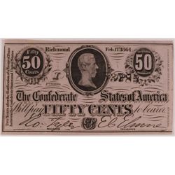 1864 FIFTY CENT CONFEDERATE STATES OF AMERICA NOTE AU