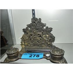 Vintage cast metal ink well desk set