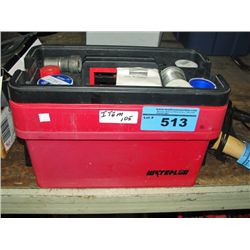 Red and black plumbing tool box with tools