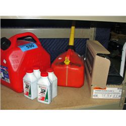 2 jerry cans and 3 containers of 2 stroke motor