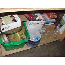Shelf lot of misc items; weights, assorted