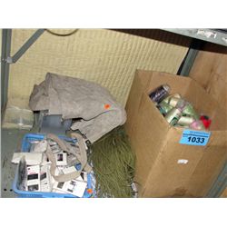 Shelf lot of assorted threads, sewing needles, etc