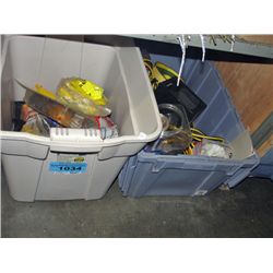 2 plastic storage bins of misc; electrical,