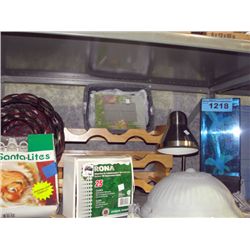 shelf lot of misc household items; lamps wine rack