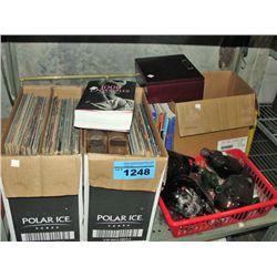 shelf lot of misc; vintage records, books, bottles
