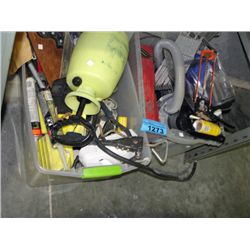 2 plastic storage bins of tools hardware and misc