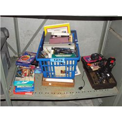 Shelf lot of misc items; vintage atari game set