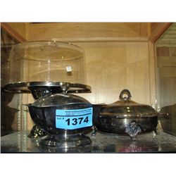 Pedastol cake plate and 2 lidded serving tourines