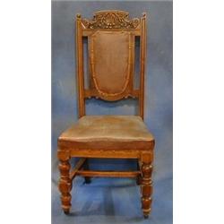 A set of 6 Edwardian carved walnutwood show frame dining chairs with upholstered seats and backs...