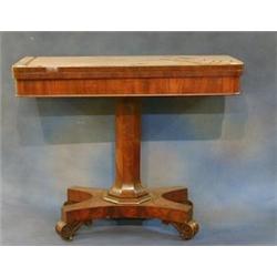 A William IV mahogany rectangular card table raised on a chamfered column with triform base and s...