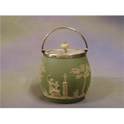 A Wedgwood green Jasperware biscuit barrel, the base marked Wedgwood AIH-F with silver plated mou...