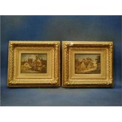 A pair of 19th Century Continental oil paintings on board  Street Scenes  monogrammed HSB? 5  x 6...