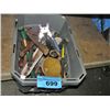 Image 1 : Grey plastic storage bin of assorted hand tools