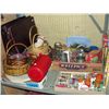 Image 1 : shelf lot of assorted glasswares, baskets, shot