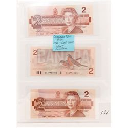 3 canadian 2 dollar bank notes 1986 last issue