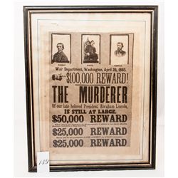 Framed nostalgic john wilkes booth wanted for