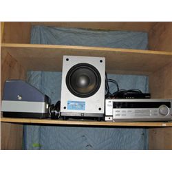 Shelf lot of home electronics; DVD player, sub