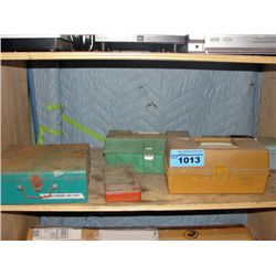 shelf lot of tackle boxes and contents