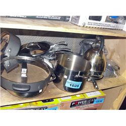 Shelf lot of kitchenwares; pots, pans, kettles