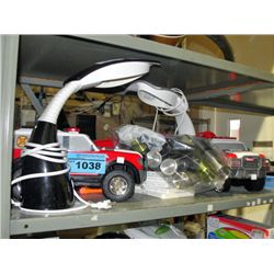 shelf lot of misc; lamps, tonka toy trucks etc