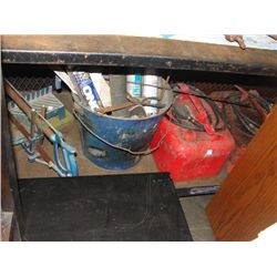 Shelf lot of vintage tools, gas cans, etc