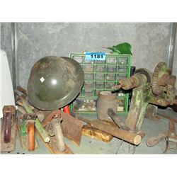 Shelf lot of rustic farm tools, army helmet, etc