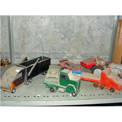 shelf lot of vintage toys; wood crafted trucks,