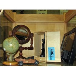 Shelf lot of misc items; microscope, digital photo
