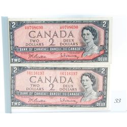 2x old Canada 1954 Two dollar bills  *no shipping available*