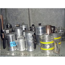 Shelf lot of vintage kettles coffee pots and