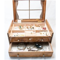 Wooden jewelry box and contents