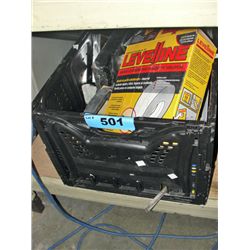 Black plastic crate filled painters tools