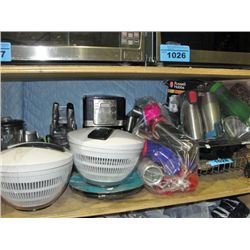 shelf lot of assorted kitchenwares; travel mugs