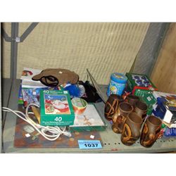 Shelf lot of assorted christmas decorations etc