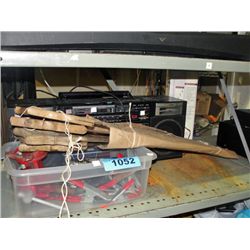 Shelf lot of misc items; hand saws, ghetto blaster