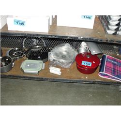 shelf lot of assorted kitchen wares; pots, pans