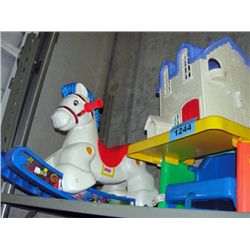 3 childs toys; rocking horse, high chair and doll