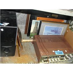 Shelf lot of pictures prints electronics etc