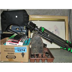 Shelf lot of misc items; camera tripod, framed