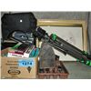 Image 1 : Shelf lot of misc items; camera tripod, framed